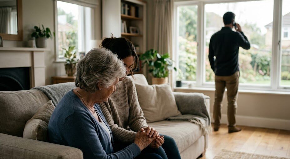 Oudere dame wordt getroost en iemand is de uitvaart op de achtergrond aan het regelen